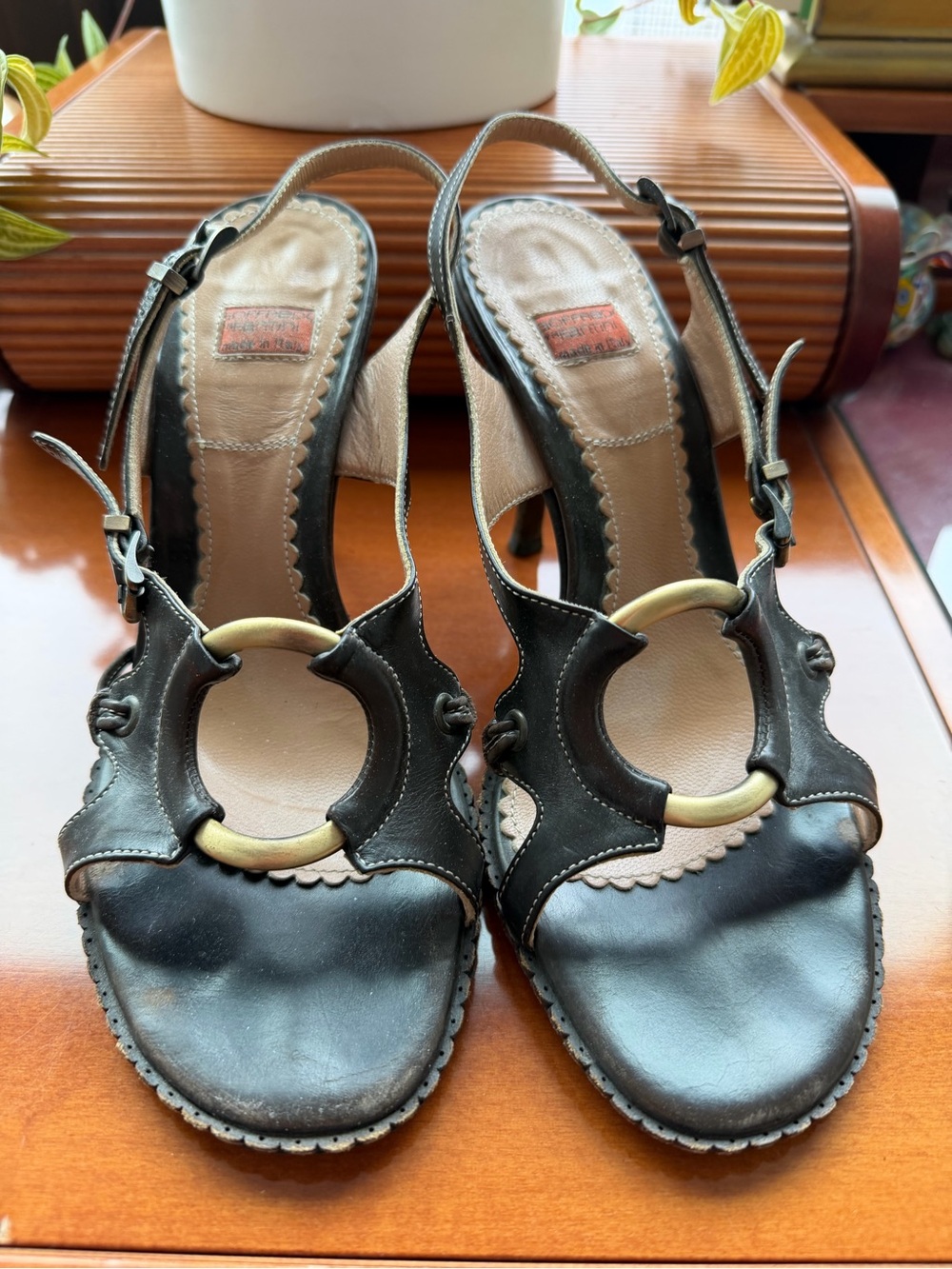 Dark brown Slingback Heels with Gold Ring Detail